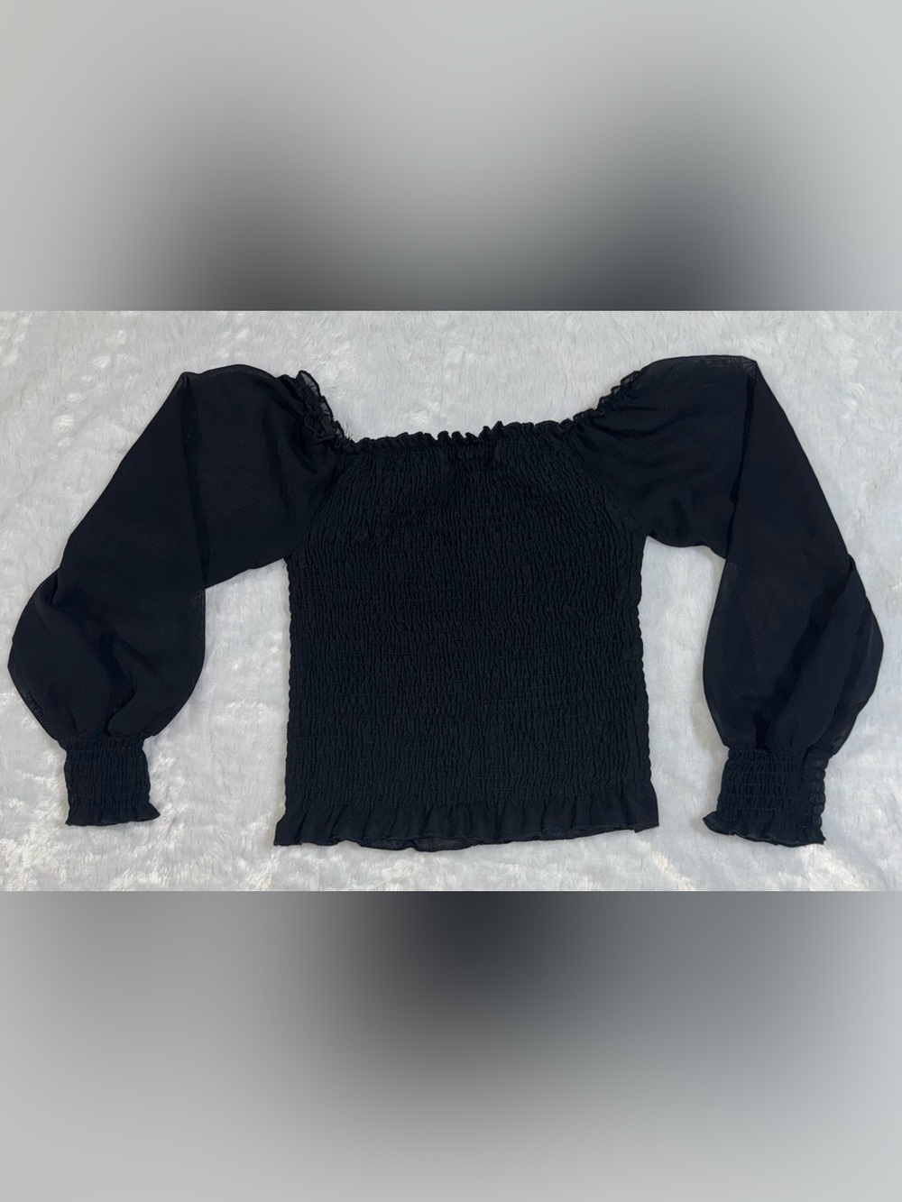 Windsor Black Smocked Off-Shoulder Puff-Sleeve Crop Top